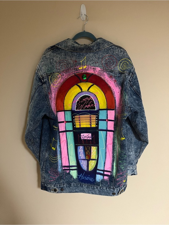 Vintage Jackets & Blazers - Vintage Hand-Painted Acid Wash Denim Jacket with Neon Piano & Sax Art